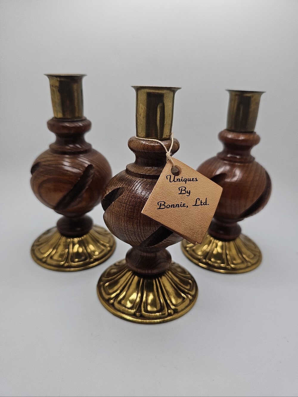 3 Vintage 1970s Hand Turned Wood & Brass Candle Stick Holders Artisan USA Made